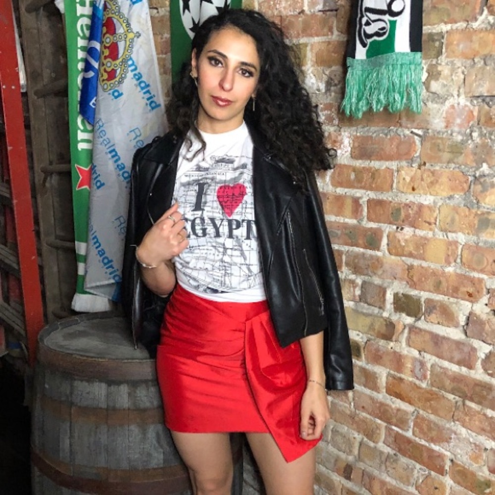 Red satin mini skirt